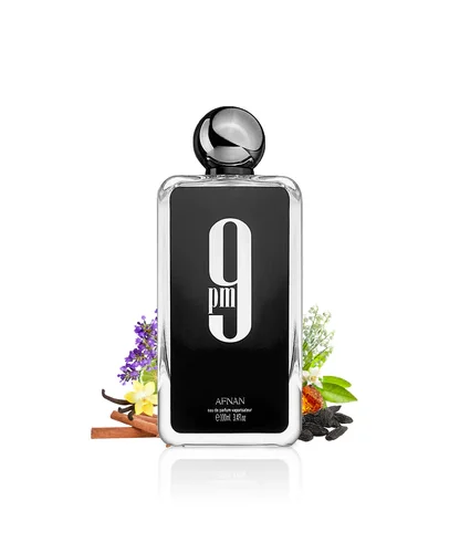9pm-perfume-bottle-surrounded-with-vanilla-and-tonka-bean-shows-against-white-background Afnan 9PM 100ml